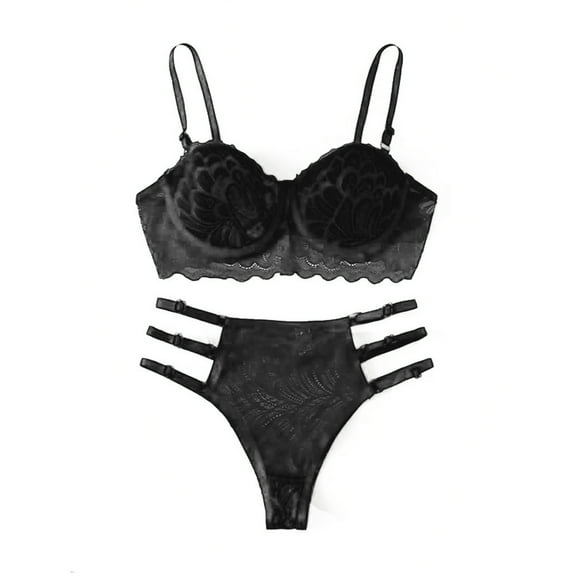 Akiihool Floral Lace Lingerie Set Soft Lace Lingerie Sheer Matching 2 Piece Lingerie Set, Black Size XL