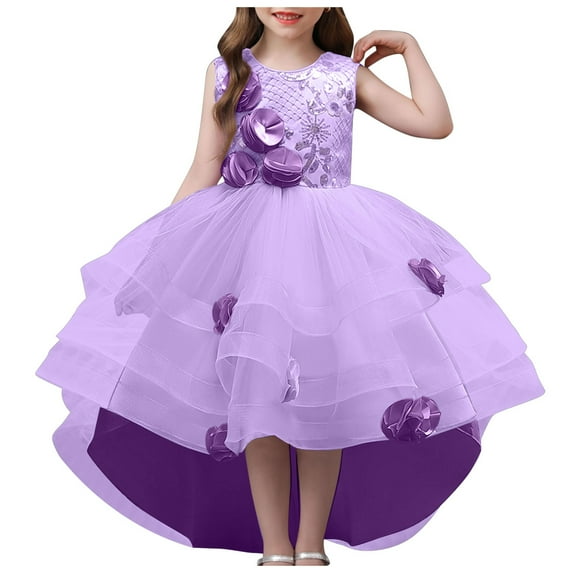 Akiihool Flower Girl Dress Girl Dresses for Wedding Layered Tulle Pageant Party Dresses for Girls(Purple,5-6 Years)
