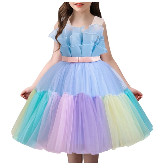 Akiihool Flower Girl Dress Flower Girls Butterfly Long Tulle Dress Princess Embroidery Lace Birthday Pageant Wedding Evening Dance Ball Gowns(Blue,9-10 Years)