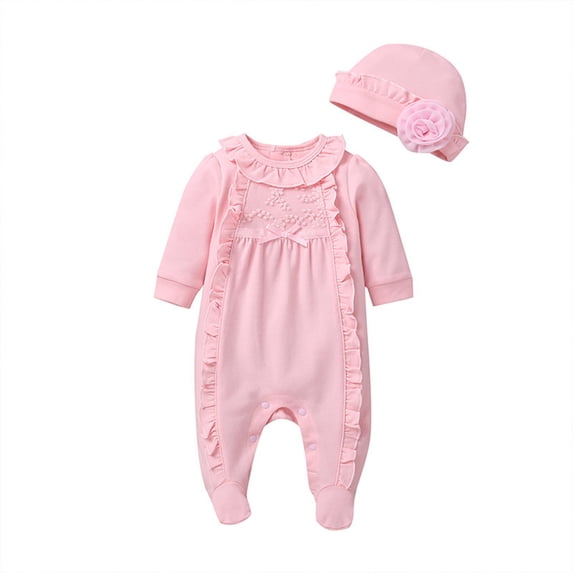 Akiihool Footies Baby Girl Newborn Baby Girl Fall Winter Outfits Clothes Knit Jumpsuit Ruffle Romper for Baby Girl Newborn Baby Girl Outfits Knit Onesie Ruffle Romper, Long Sleeve Jumpsuit Pink,2-4M