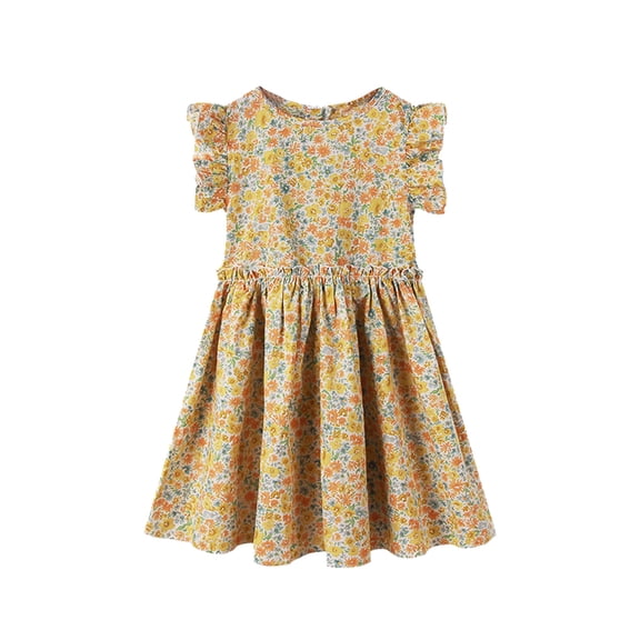 Akiihool Girl Dresses Girl's Cold Shoulder Flounce Trim Elegant Casual Formal Dress with Pockets (Yellow,5-6 Years)