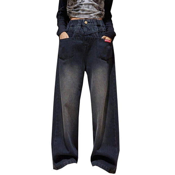 Akiihool Girl Pants Girls Casual Jeans Elastic Waist Denim Wide Leg Pants Toddler Trousers Softball Pants Girls (Grey,10-11 Years)