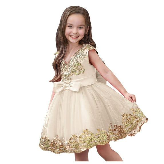 Akiihool Girls Dress Sequined Mesh Tutu Skirt Beaded Embroidered Dress Dance Performance Dress(Gold,18-24 Months)
