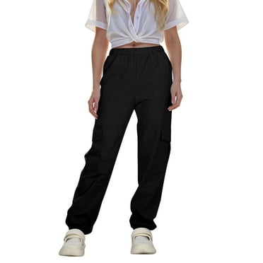 Akiihool Girls Pants Girls Elastic High Waisted Wide Leg Baggy Cargo Pants with Pockets (Black,7-8 Years)