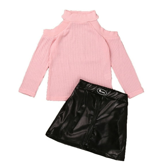 Akiihool Girls Skirt Set Girl's Two Piece Outfits Ruffle Trim Rib Knit Long Sleeve Tee and Plaid Skirt Set (Pink,6-7 Years)