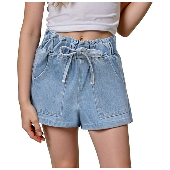 Akiihool Girls Summer Jean Shorts Girl's Jean Shorts High Waist Straight Leg Denim Shorts (Light Blue,7-8 Years)