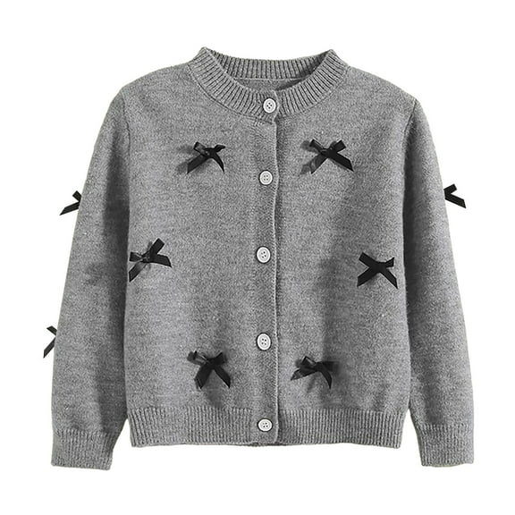 Akiihool Girls Sweaters Girl's Bow Button Down Knitted Cardigan Loose Cute Crop Sweater Outwear (Grey,5-6 Years)