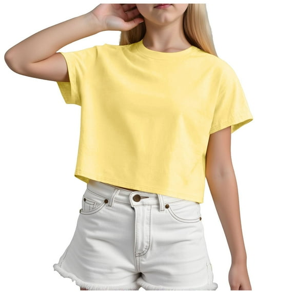 Akiihool Girls Tops Girls' Short Sleeve Shirts Kids Crewneck T-Shirts Summer Tops Basic Tees (Yellow,9-10 Years)