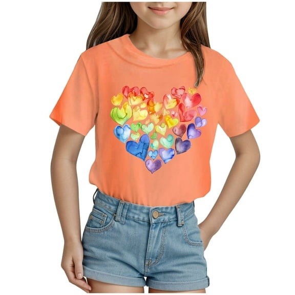 Akiihool Girls Valentine Shirt Shirts for Girls Cute Hearts Printed Valentines Day Shirts Casual Crewneck Tops Teen Girls Spring Clothes(Gold,3-4 Years)