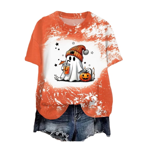 Akiihool Halloween Costumes for Women Ghost Halloween T-Shirt for Women Cute Ghost Cat Graphic Tee Spooky Season Shirt Vintage Short Sleeve Casual Fall Tops (Orange,XXL)