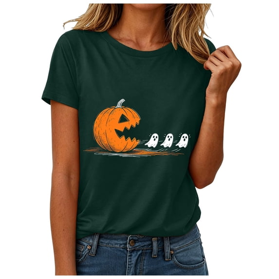 Akiihool Halloween Pumpkin Costume for Women Ghost Halloween T-Shirt for Women Cute Ghost Cat Graphic Tee Spooky Season Shirt Vintage Short Sleeve Casual Fall Tops (Dark Green,L)
