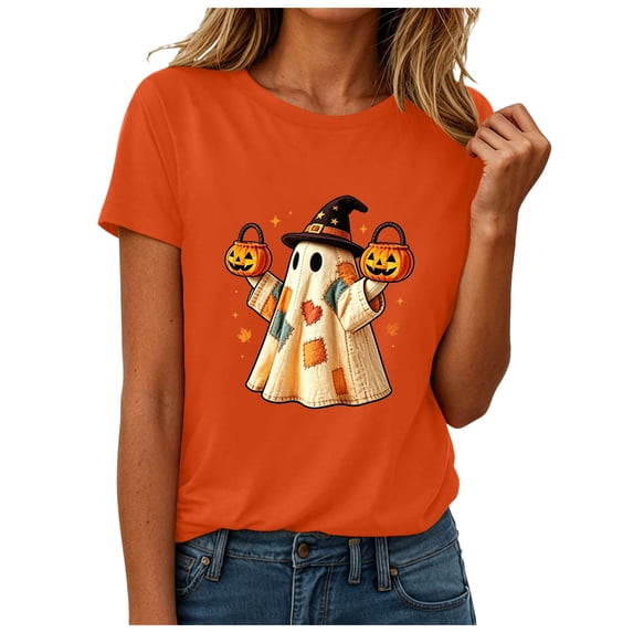 Akiihool Halloween Shirt Women Plus Size Halloween Shirts for Women Pumpkin Graphic Tshirt Fall Casual Short Sleeve Tee Tops (Orange,M)