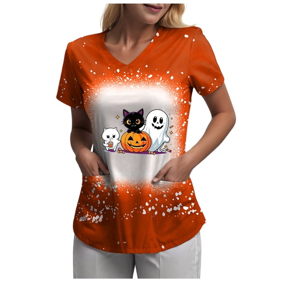 Akiihool Halloween Summer Fall Crew Neck T Shirt Funny Halloween Thanksgiving Graphic Tee Casual Family Halloween Costume Tops (Orange,M)