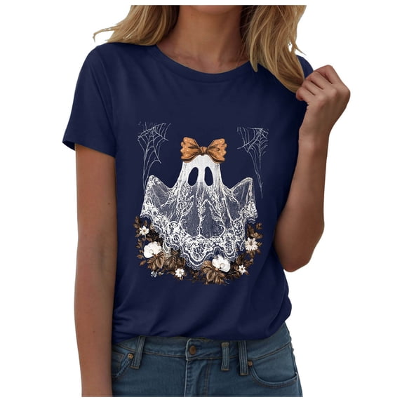 Akiihool Halloweentown Shirt Women's Short Sleeve Shirts Fall Winter Tops Dressy Casual Tunic Tops Trendy T-Shirts Navy,L