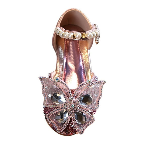 Akiihool Heels for Girls Girls Sandals Little Kids Glitter Bow Dress Shoes Low Heel Sequins Princess Sandals Toddler Flower Wedding Party Shoes(Pink,24)