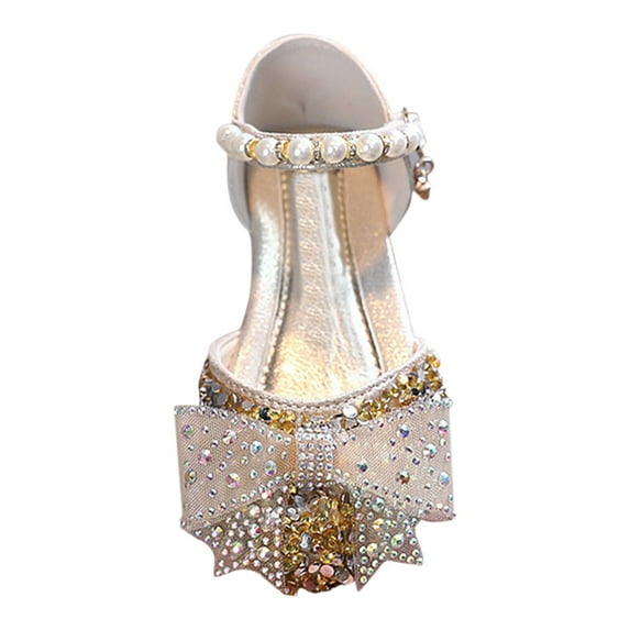 Akiihool Heels for Girls Girls Sandals Closed Toe Dress Low Heels Pointed Toe Pump Flower Shoes for Little Big Kids Wedding Princess Party(Gold,35)