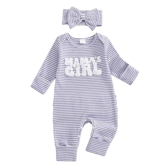 Akiihool Infant Girl Clothes Newborn Baby Girl Fall Outfit Romper Jumpsuit Infant Waffle Clothes Letter Embroidery Cute Long Sleeve Round Neck Bodysuit Purple,0-3 Months