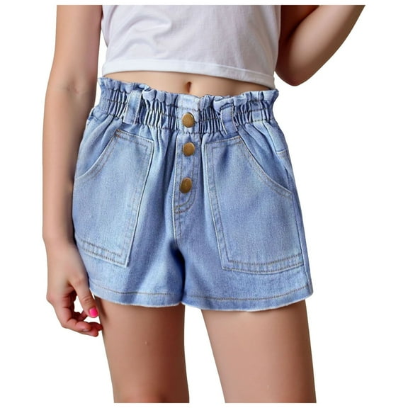 Akiihool Jean Shorts Girls Girl's Hem Elastic Waist Straight Leg Denim Shorts (Blue,9-10 Years)