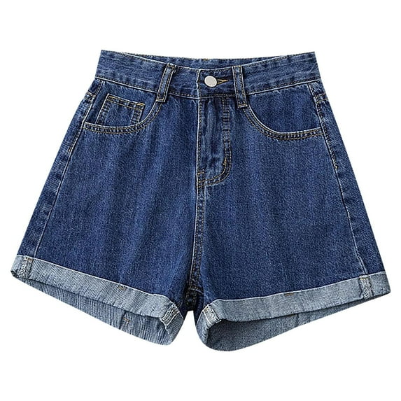Akiihool Jean Shorts Womens Women Summer High Waisted Sewn Cuffed Hem Buttons Denim Jean Shorts (Dark Blue,M)
