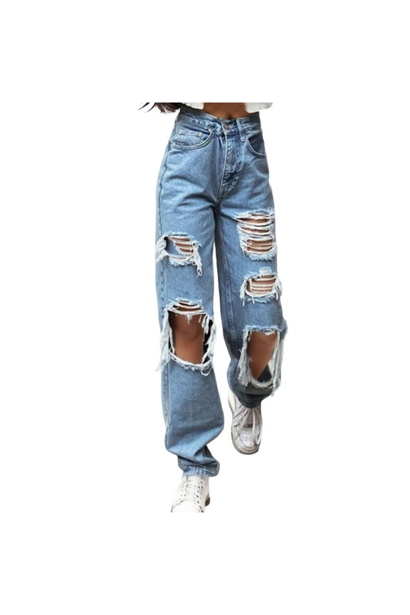 Jeans for Women Trendy Distressed Straight Leg Stretch Destroyed Jean with Broken Holes, Blue Size S