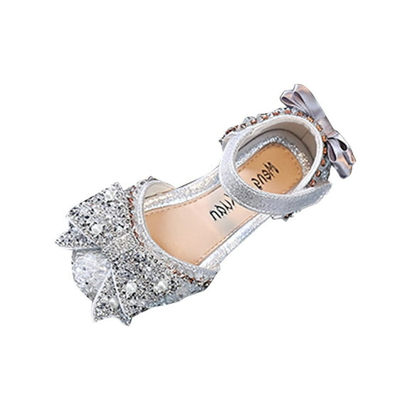 Akiihool Kid Sandals Girls Sandals Kids Heels Closed Toe Ankle Strap Dress Shoes Wedding Party for Toddler Little Big Kid (Silver,5-5.5 Years)