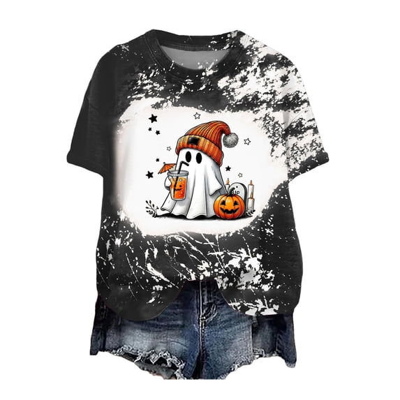 Akiihool Ladies Graphic Tees Halloween Shirts for Women Boo T Shirt Cute Ghost Graphic Tees Halloween Spooky Season Short Sleeve Tee Tops Black,XXXL
