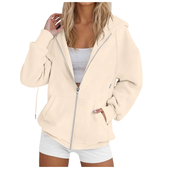 Akiihool Light Weight Hoodies for Women Women's Zip Up Y2K Hoodies Casual Long Sleeve Track Jackets with Pockets Beige,XL