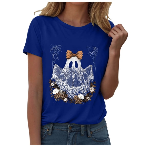 Akiihool Linen Shirts for Women Summer Plus Size Halloween Shirts for Women Pumpkin Graphic Tshirt Fall Casual Short Sleeve Tee Tops Blue,M