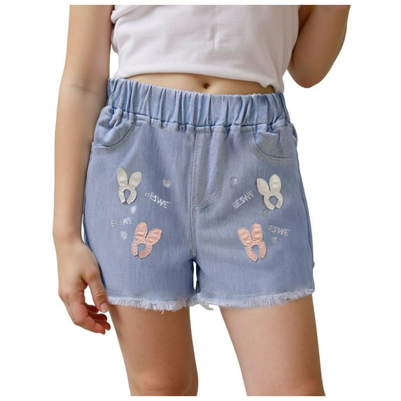 Akiihool Little Girl Jean Shorts Girl's Hem Denim Shorts High Waisted Straight Leg Summer Jeans Shorts (White,5-6 Years)