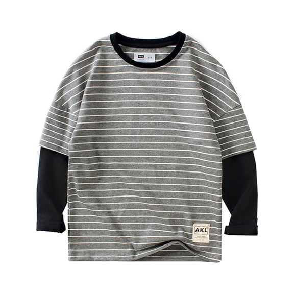 Akiihool Long Sleeve Shirts for Boys Boys Shirts Kids Long Sleeve Crewneck Pullover Tops Soft Basic Tees (Grey,9-10 Years)