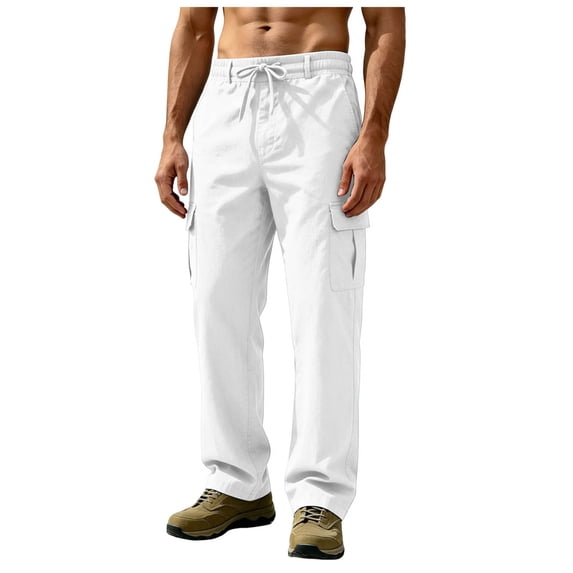 Akiihool Loose Cargo Pants for Men Men’s Casual Trousers Elastic Loose Fit Winter Pants White,L