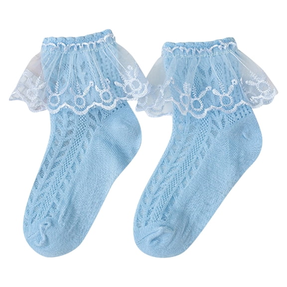 Akiihool Low Cut Socks for Girls Cute Double Lace Frilly Princess Dress Cotton Socks, Blue S