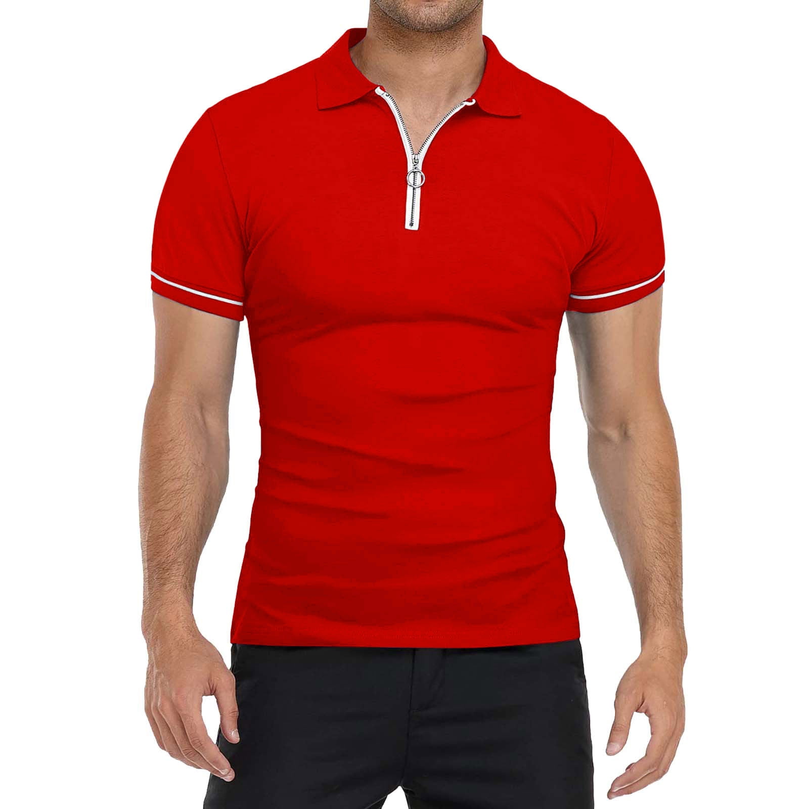 Red v neck polo shirt on sale