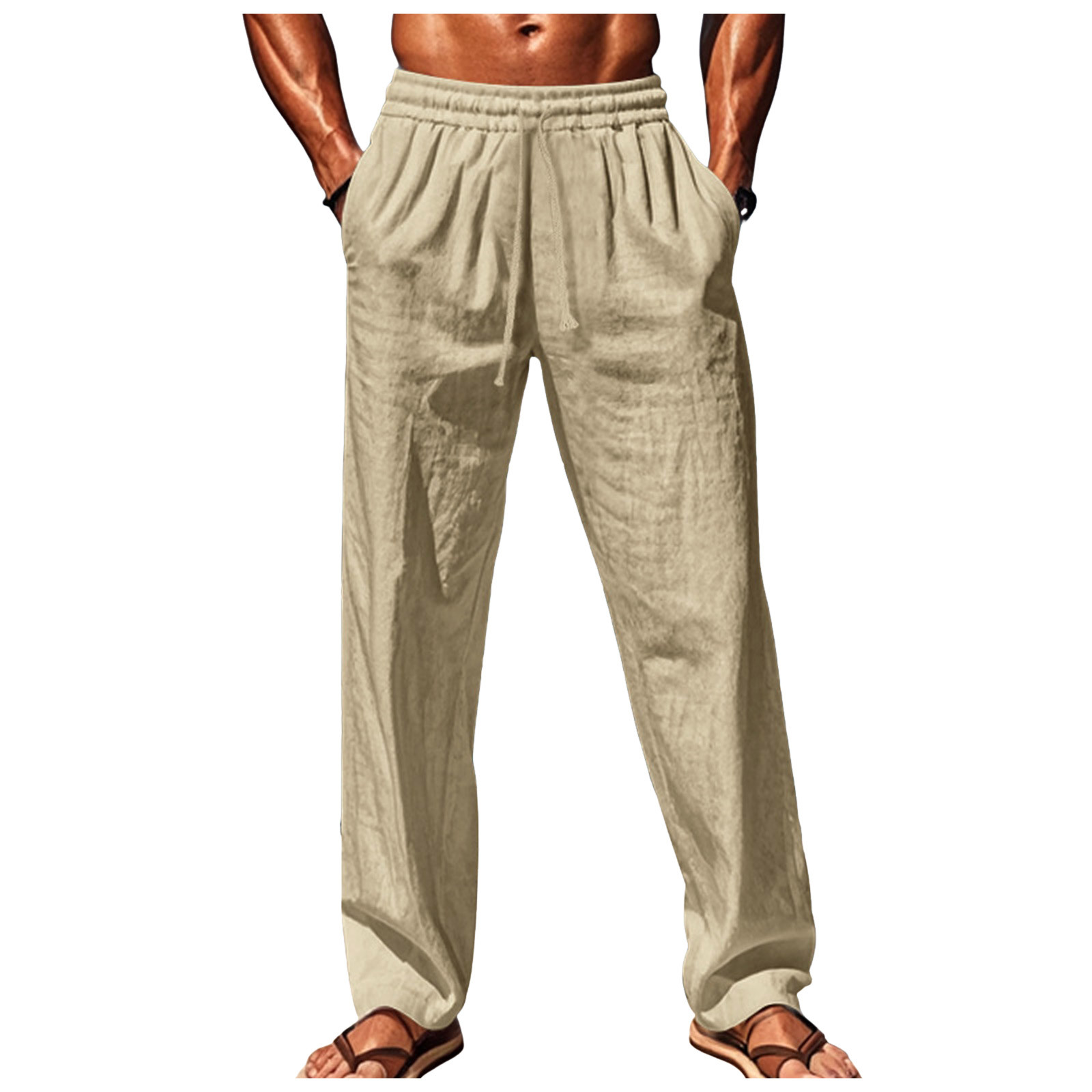 Akiihool Men's Cotton Linen Pants Elastic Waist Drawstring Casual