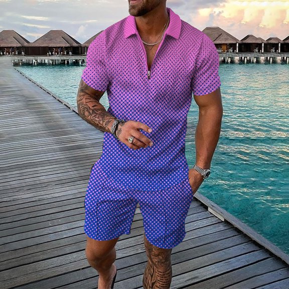 Akiihool Men's Outfit 2 Piece Tracksuit Short Sleeve Shirt and Drawstring Waist Shorts (Purple,5XL)