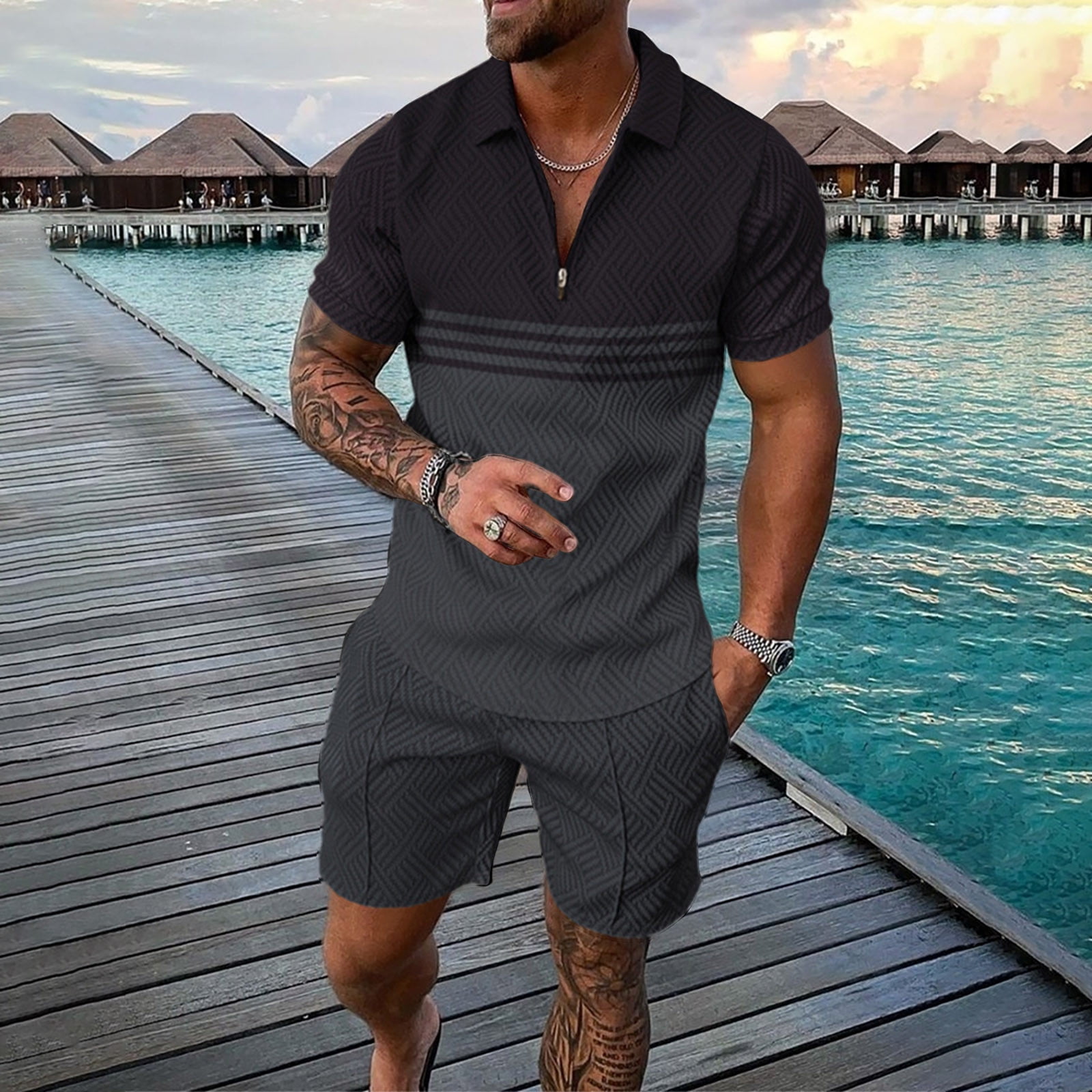 Akiihool Short Set for Men Casual Men's Short Sleeve Polo