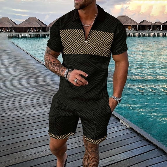 Akiihool Men's Polo Shirt and Shorts Set 2 Pieces Outfits Summer Suit Casual Tracksuit (Black,L)