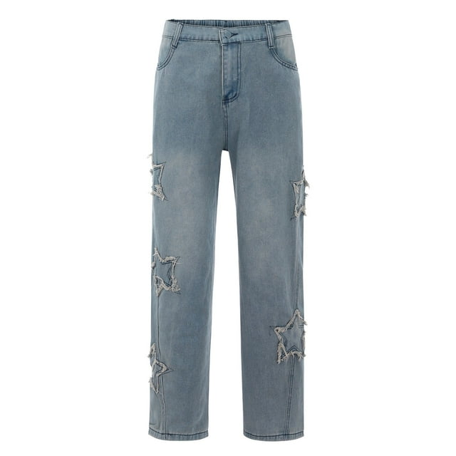 Akiihool Mens Jeans Men's Star Patch Vintage Jeans Casual Straight Leg
