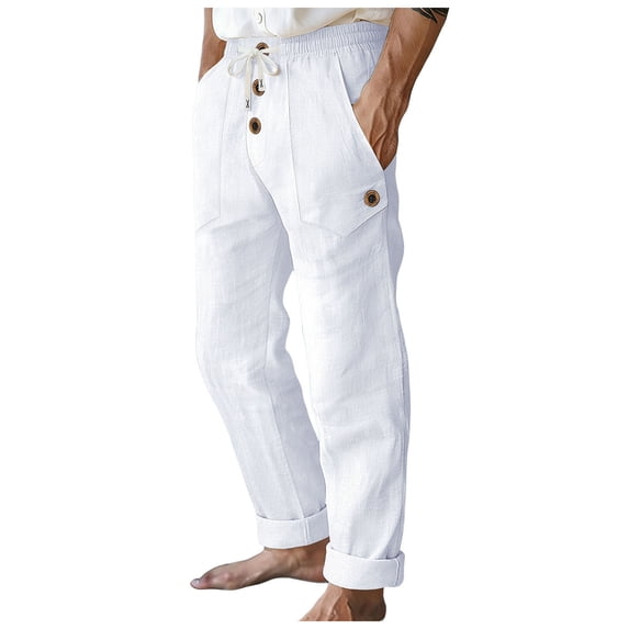 Akiihool Mens Linen Pants Big and Tall Men's Way Stretch Dress Pant Slim Fit Flat Front White,S