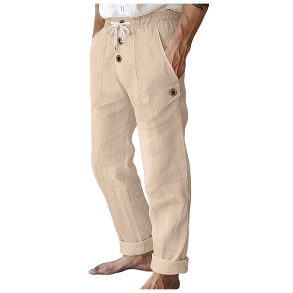 Akiihool Mens Linen Pants Big and Tall Mens Casual Pants Loose Fit Elastic Drawstring Waist Pants Beige,XXXL