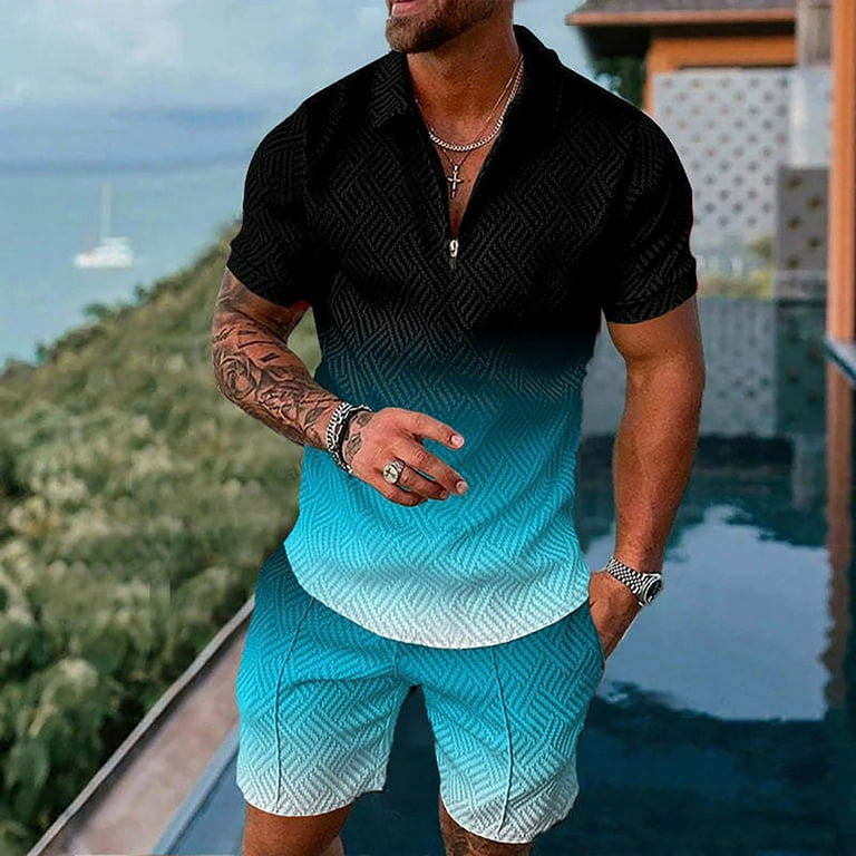 Blue shorts mens outfit best sale