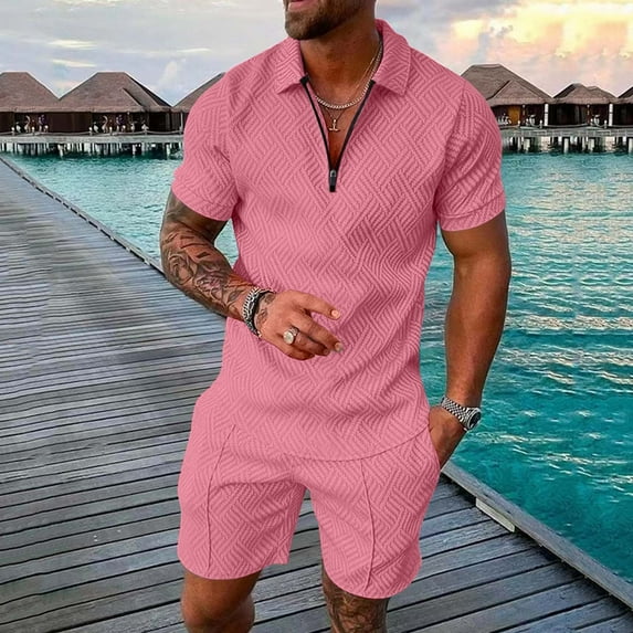 Akiihool Mens Shorts Tracksuit Men's 2 Piece Tracksuit Casual Button Down Short Sleeve Shirt and Shorts Suit (Pink,M)