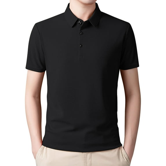 Akiihool Mens Summer Polos Short Sleeve Men's Short Sleeve Knit Polo Shirt Vintage Button Down Golf Polo (Black,L)
