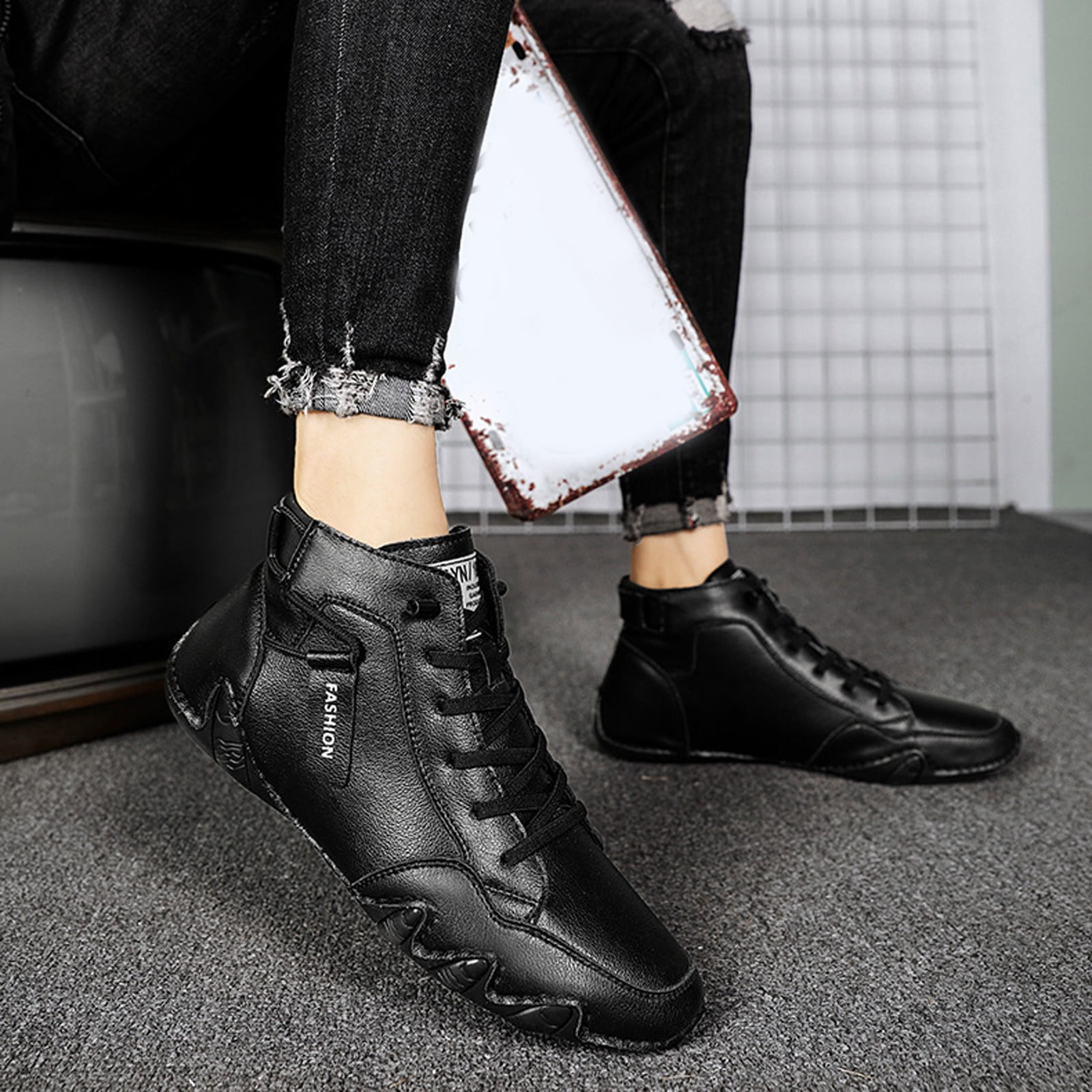 Akiihool Mens boots Men s Low Heel Ankle Boots Platform Lug Sole Slip on Wedge Ankle Booties Black 9 Walmart