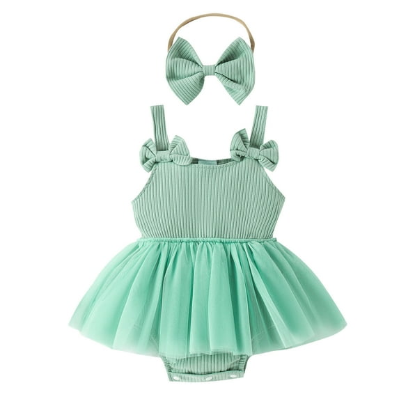 Akiihool Baby Girl Clothes Romper Floral Suspender Dress Ruffle Sleeve Onesie Outfit Jumpsuit Headband Spring Summer (Green,12-18 Months)