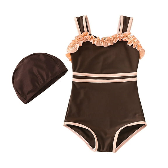 Akiihool One Piece Bathing Suits for Girls Girls Summer Swimsuit Beach Tankini (Coffee,18-24 Months)