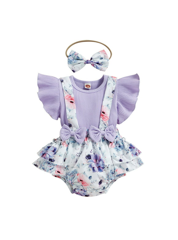 Akiihool Onesies for Baby Girl Ruffles Baby Girl Summer Sleeves Baby Girl Clothes (Purple,3-6 Months)