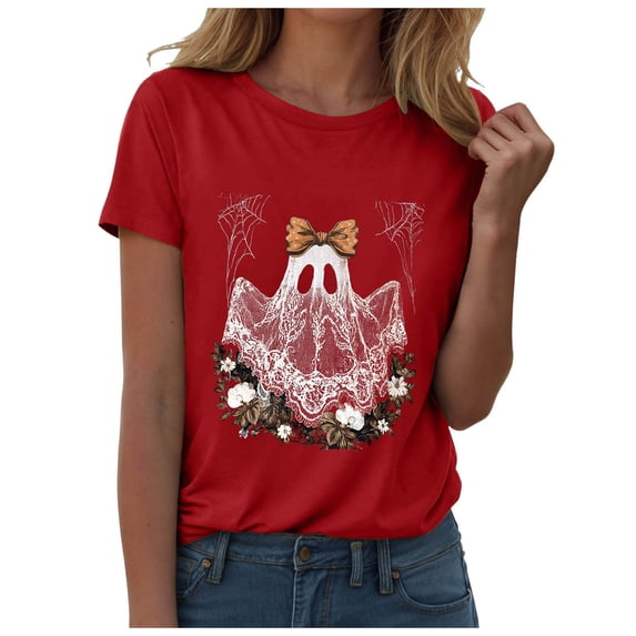 Akiihool Oversized Dressy Shirts Women Plus Size Halloween Shirts for Women Pumpkin Graphic Tshirt Fall Casual Short Sleeve Tee Tops Red,L