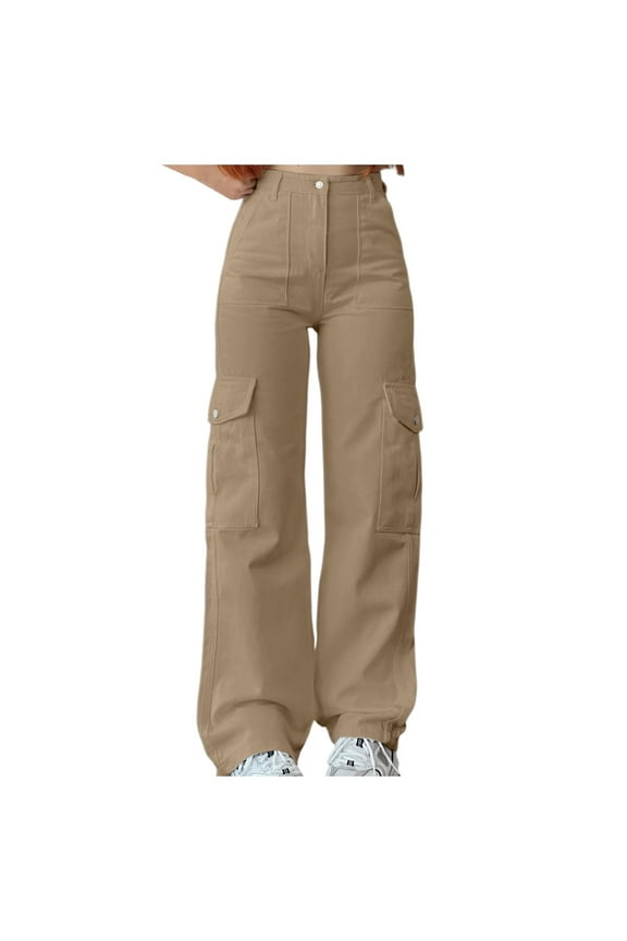 Pants for Women Casual Button Down Work Cargo Streetwear Pants with Pockets, Khaki Size XL