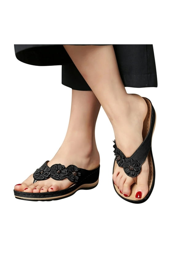 Platform Sandals Women Dressy Women's Orthopedic Arch Support Sandals Summer Casual Orthotic Thong Sandals (Black,10)